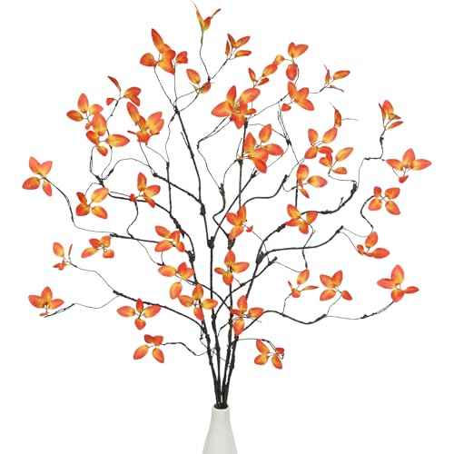 4 Pcs Artificial Greenery Stems with Orange Leaves Faux Fall Branches for Vases 32.7" Fake Ficus Twigs and Branches for Vase Filler Home Party Wedding Garden Office Shop Autumn Decorations