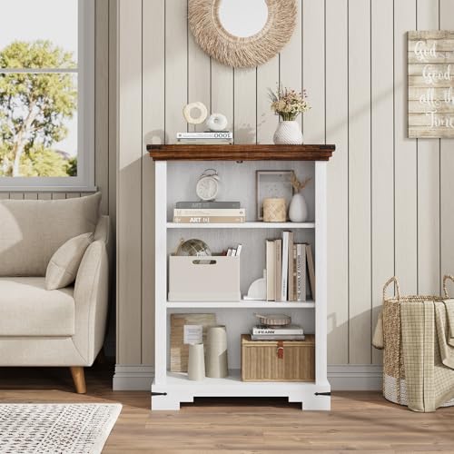 White 3-Tier Farmhouse Bookshelf for Study Room with Adjustable Shelf - Small Wooden Bookcase
