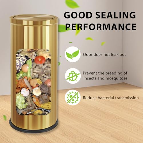 KRCKWYGF Gold 30L Brass Commercial Trash Can - Double-Layer Flip Lid Kitchen Waste Bin