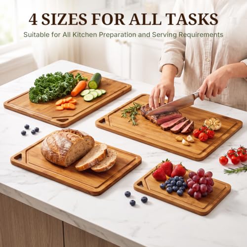 Gashell Bamboo Cutting Board Set 4 Pieces with Beeswax Coating - Multi-Size Kitchen Utensils