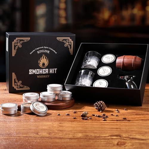 Whiskey Smoker Kit with Torch No Butane, 6 Wood Chips Flavors, 2 Glasses & Ice Molds – Whiskey & Cocktail Accessories – Whiskey Smoker