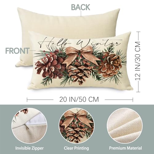 Hello Winter Pine Cone Lumbar Decorative Throw Pillow Cover 12 x 20, Rectangular Pine Needle Bow Outdoor Home Decor, Christmas Seasonal Red Berry Sofa Couch Cushion Case
