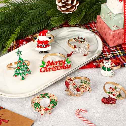6 Pieces Christmas Napkin Rings Christmas Napkin Holders for Cloth Napkins Rhinestone Crystal Holiday Napkins for Dinners Parties Wedding Adornment Table Decorations