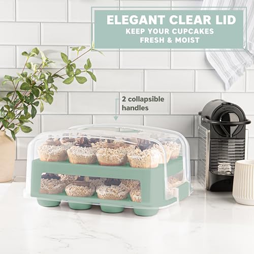 MosJos Green 24-Cup Cupcake Carrier - Extra Tall Double Tier Food Storage & Transport