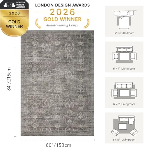 Washable 5x7 Taupe Grey Area Rug - Boho Floral Geometric Pattern for Living Room & Bedroom - Non-Slip Backing