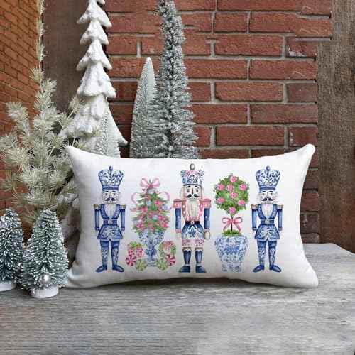Merry Christmas Throw Pillow Cover 12x20 Inch Chinoiserie Nutcracker Christmas Decor Winter Holiday Party Cushion Case Decoration for Sofa Couch