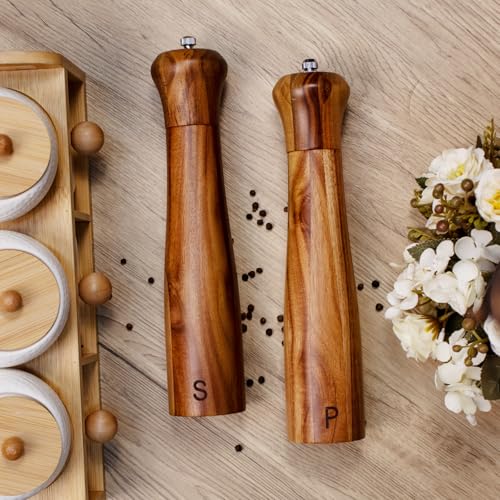 Haomacro 10-Inch Acacia Wood Salt & Pepper Grinder Set, Yellow Brown, 2 Pack