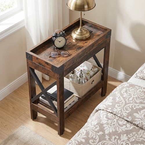 Rustic Brown Narrow End Table with Outlets & USB Charging - Industrial Style, 21.7"