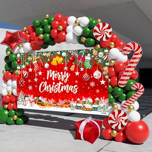 Christmas Balloon Arch Kit 162Pcs with Backdrop Banner - Red Green Gold White Candy Cane Balloons
