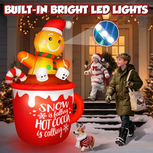 6FT Christmas Inflatable Gingerbread Man in Hot Cocoa Mug with LED Lights Outdoor Decor