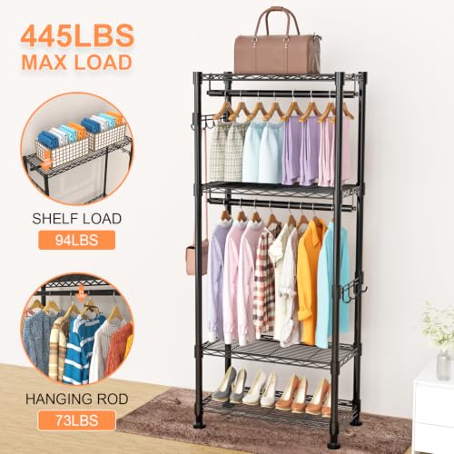 Adjustable Clothes Rack with 4 Tiers, Side Hooks, and Drawer - Black, 23" L x 13.18" W x 78.74" H