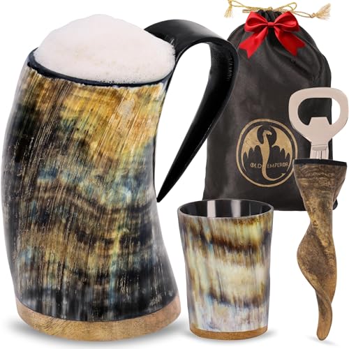 OLDEMPEROR Plain Viking Drinking Horn Mug Set with Shot Glass & Bottle Opener, 16-20oz, Medieval Style Gift
