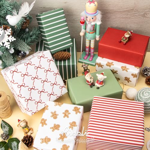 Ribbli Christmas Wrapping Paper 6 Rolls Vintage Matte Gift Wrap with Gingerbread Men, Bows, Red & Green Stripes – 30" x 10 ft (Pack of 1: White/Red/Green)
