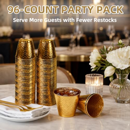 MiraFure Gold Hammered Plastic Party Cups 9oz - BPA-Free, Leakproof, Disposable, Elegant Drinkware for Weddings & Events
