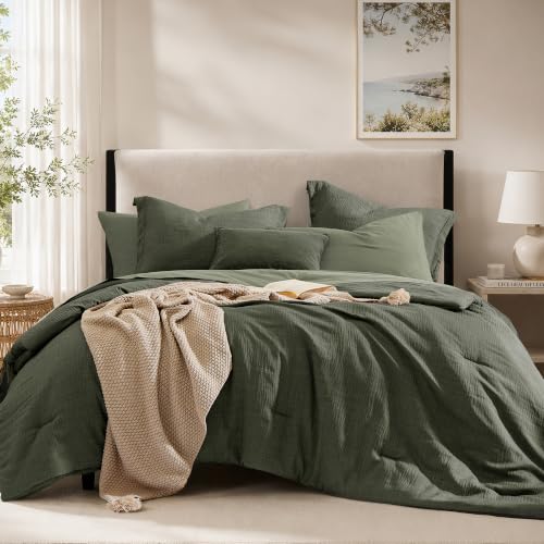 King Comforter Set - 7 Pieces Green Textured Bed in a Bag Bedding