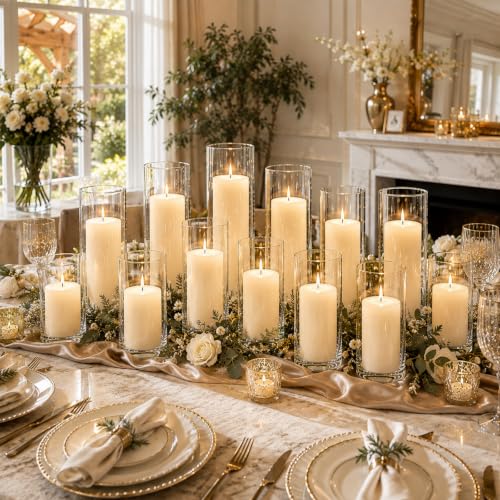 12-Piece White Pillar Candles & Glass Cylinder Candle Holders Set - Wedding & Event Decor