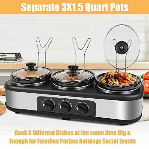 HEYNEMO 4.5 Qt Silver Triple Slow Cooker Buffet Server with 3 Ceramic Pots
