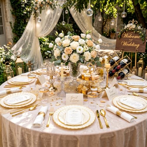 Ivory Plastic Plates with Gold Rim | 175PCS Wedding & Party Set