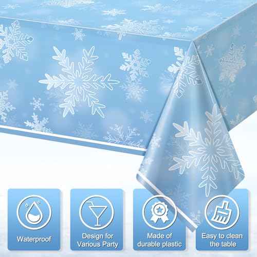 3 Pack Winter Snowflake Plastic Tablecloth Decorations, Light Blue Snowflake Winter Wonderland Disposable Table Cover for Christmas Holiday New Year Party Supplies Decorations, 54 x 108 Inch