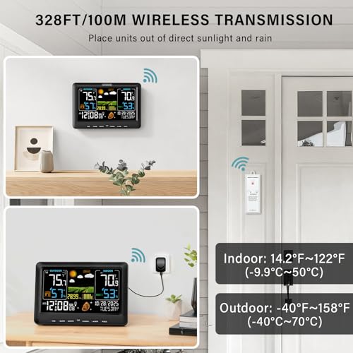 Wireless Indoor Outdoor Thermometer Weather Station with Atomic Clock - Black