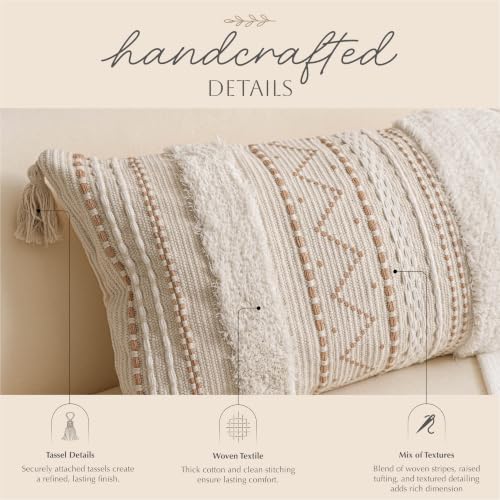 Beige 36x14 Lumbar Pillow Cover for Bed, Rectangular Decorative Throw Cushion - Boho Tufted Tassels (Pack of 1)