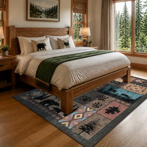Brown 5x7 Rustic Cabin Area Rug - Washable Southwestern Wildlife Carpet