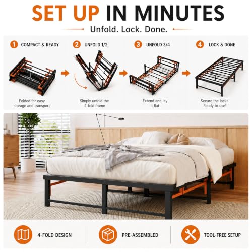 Full Size Folding Bed Frame - Quad-Fold, Tool-Free Assembly, Under-Bed Storage