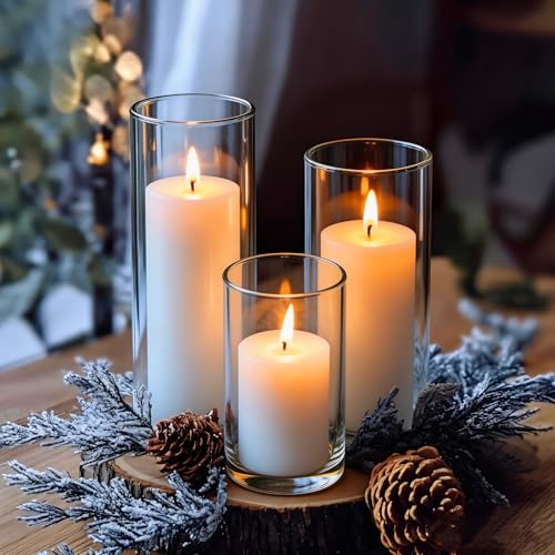 12-Set White Pillar Candles & Glass Candle Holders Set for Weddings & Events