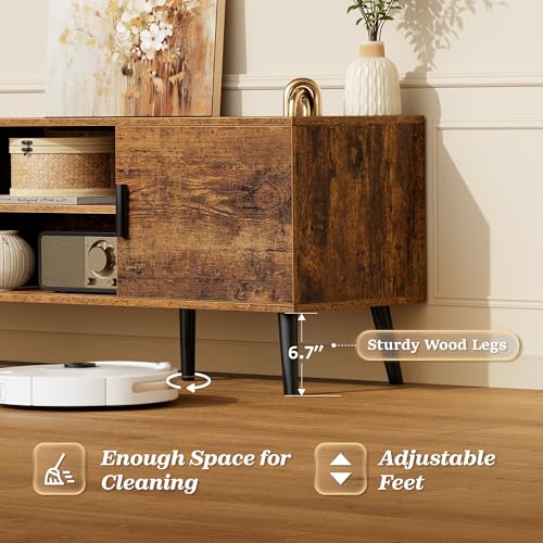 55 Inch TV Stand with Rustic Brown Finish - Adjustable Shelf & Storage Cabinets - 53.9" Length