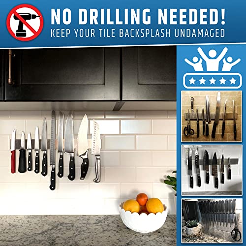 17-Inch No-Drill Magnetic Knife Holder - Stainless Steel Wall Mount with Adhesive & Screws - Upgraded Strong Magnet