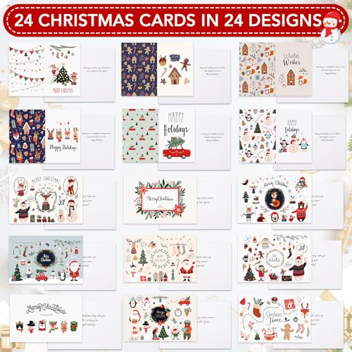 Myselect Christmas Cards with Envelopes and Stickers, 24 Assorted 4x6 Cards – Printed Messages Inside