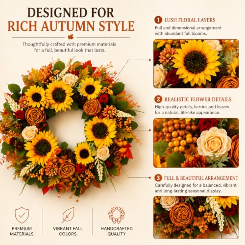 24-Inch Fall Sunflower Wreath for Front Door Autumn Harvest Decor