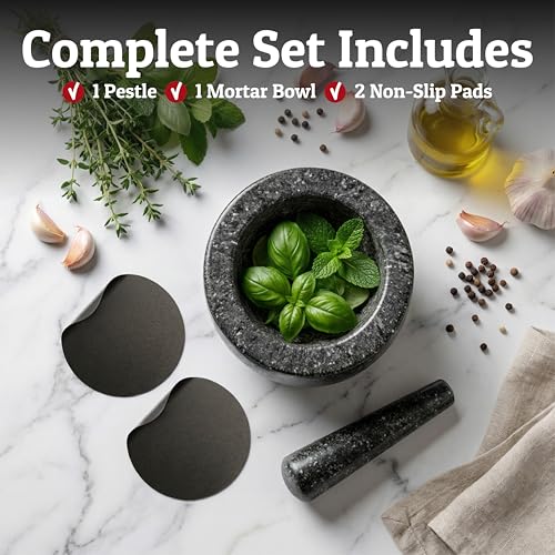 Priority Chef Black 4-Cup Granite Mortar and Pestle Set - Large 7 Inch Bowl