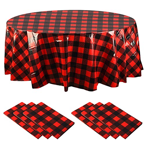 Remagr Disposable Checkered Round Tablecloth Red & Black 6 Pieces - 84 Inch