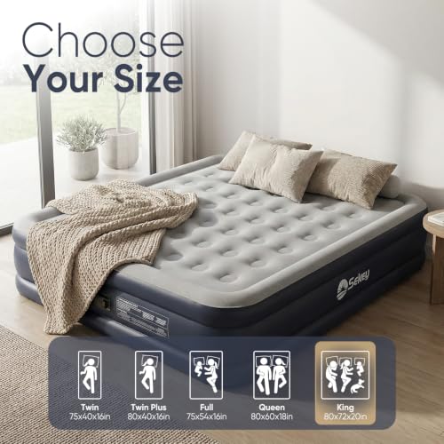Sekey Grey King Size Air Mattress with Built-in High-Speed Pump - 20" Double High Inflatable Bed for Home, Camping & Guests