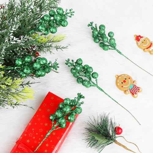 DIYASY Green Glitter Berry Stems,20Pcs Artificial Xmas Picks and Sprays Christmas Tree Filler Branches Ornaments Holiday Wreath Garland Decorations Home D?cor 7.8 Inch
