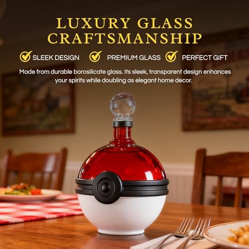 The Wine Savant Capture Sphere Whiskey Decanter - Red & White Glass Liquor Bottle, 18.6oz, Collectible Barware Gift for Gamers & Enthusiasts (Variation: Capture)