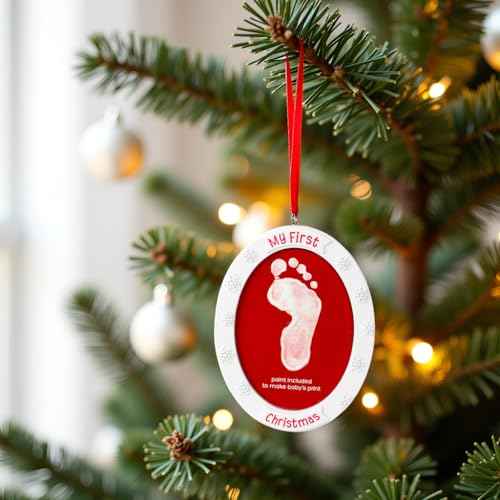 Tiny Ideas Baby's "My First Christmas" Handprint or Footprint Holiday Double-Sided DIY Photo Ornament, Creative Gift for New and Expecting Parents, White and Red