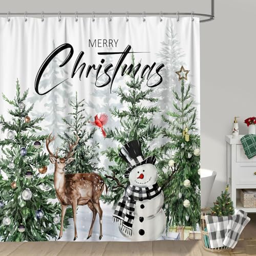 GOAOK Farmhouse Christmas Forest Shower Curtain Set, 72x72 Inches, Green Woodland Snowman Deer Snowflake Holiday Bathroom Decor with Hooks