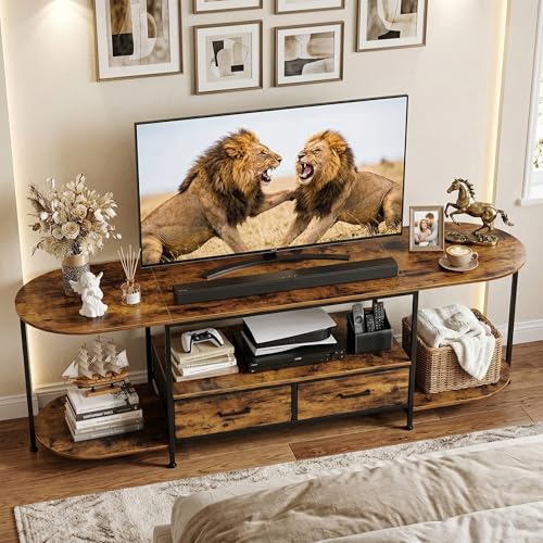 Faesun 63-Inch Modern TV Stand for 65-75 Inch TVs with Curved Edge & Fabric Drawers, Rustic Brown