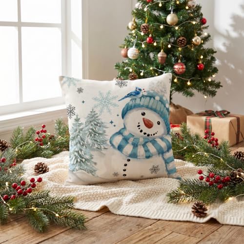 AVOIN Colorlife Blue 18x18 Winter Snowman Snowflake Throw Pillow Cover - Holiday Sofa Cushion Case