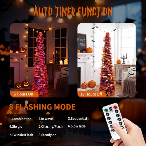 WOKEISE 5FT Purple-6 Halloween Pumpkin Tree with Remote Timer & LED Lights