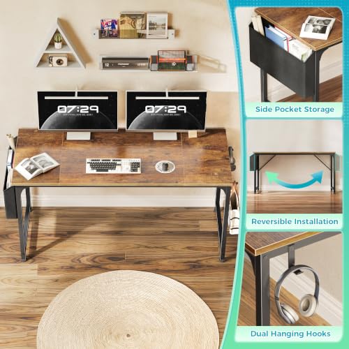 PRAISUN Rustic Brown 55-Inch Computer Desk with Fabric Storage Bag