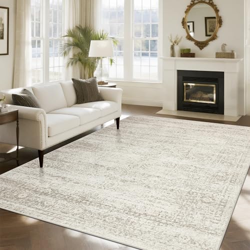 8x10 Washable Area Rug - Beige Ivory Cream Brown Camel Non-Slip Living Room Carpet