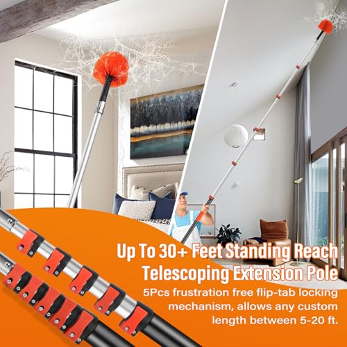 30FT Reach Cobweb Duster with Extension Pole - Spider Web Brush for Cleaning - ACTREY, 24FT