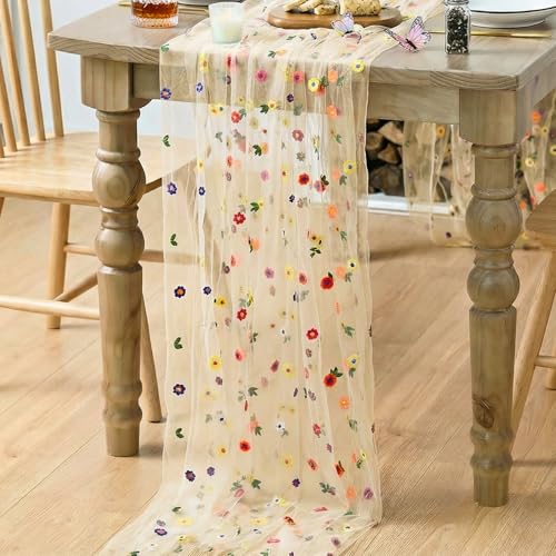 Artoid Mode 6-Pack Champagne Daisy Embroidered Gauze Table Runners 28x120 Inch (10ft)