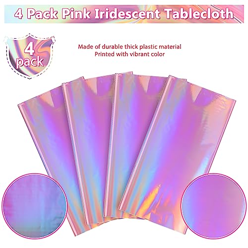 4 Pack Iridescent Pink Plastic Tablecloths, FunnyPars Shiny Disposable Laser Rectangle Table Covers, Holographic Foil Tablecloth Iridescent Party Decorations for Birthday Wedding Christmas, 54x108Inch