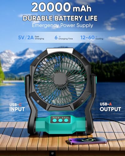 Rechargeable Camping Fan with LED Light & 20000mAh Power Bank - Blue