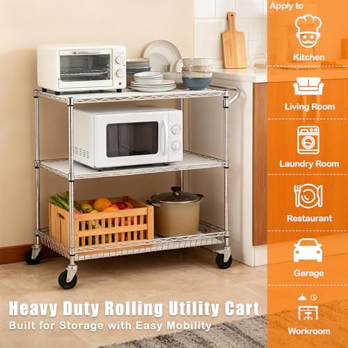 Heavy Duty 3-Tier Rolling Cart with Metal Wire Shelves & Locking Casters