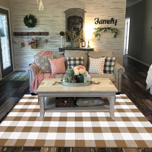 4' x 6' Buffalo Plaid Outdoor Rug - Brown & White Checkered Farmhouse Mat